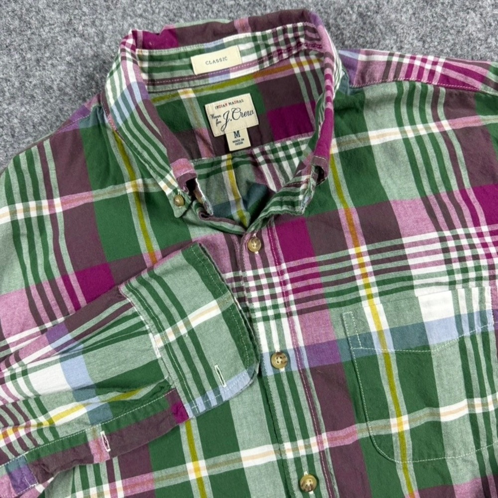 J. Crew Indian Madras Shirt Mens Medium Green Plaid Classic Fit Button Down